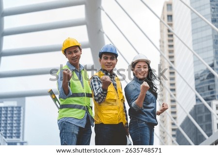 Asian engineer man brainstorming construction building contractor civil worker parners team meeting at constrcution site. Blueprint engineer hardhat worker helmet on table. Engineer teamwork consult