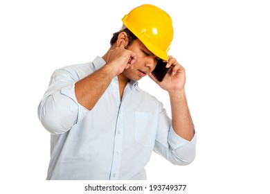 Asian Engineer Man Can't Hear His Phone Stop An Ear  Try To Listen To The Phone Isolated On White Background