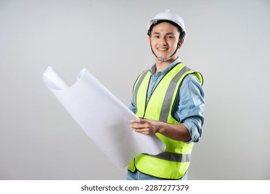 Asian engineer portrait on gray background - Powered by Shutterstock