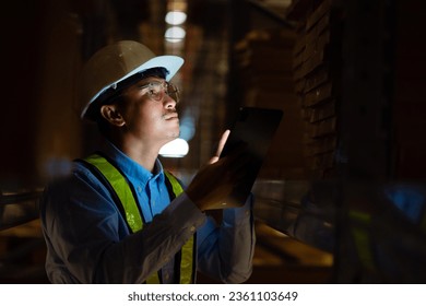Asian engineer at power station using digital tablet working night shift at petroleum oil refinery in engineering industrial estate Fuel, renewable energy, industrial plants.