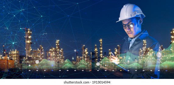 Asian engineer smart city smart industry background, sustainable power saving energy management smart factory  technology, oil and gas plant background