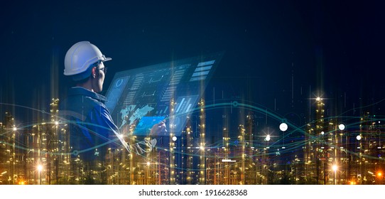 Asian engineer smart city industry background, sustainable power saving energy management smart factory  technology, oil and gas plant background - Shutterstock ID 1916628368