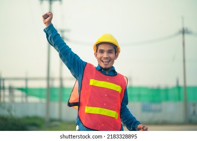 Asian Engineer Standing Outdoor On Site Construction Posting Confident , Engineer Construction Happy Job Success With In Target Planning 