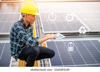 Asian Engineer Use Tablet Checking Solar Stock Photo 2165493149 ...