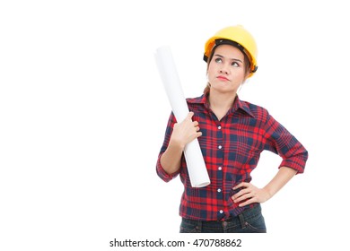 Asian Engineer Woman Thinking Blueprints Isolated Stock Photo (Edit Now ...