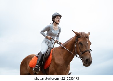 Asian equestrian athlete riding horse holding reins on outdoor background - Powered by Shutterstock