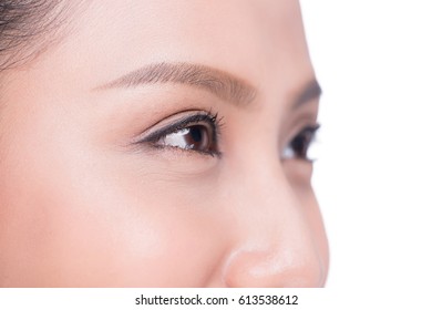 Asian Eye Woman Eyebrow Eyes Lashes Over White.