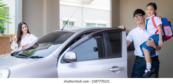 Asian Family Go To School And Working Togather From They House By A Car On The Morning