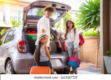 Asian Family Going To Holiday On Summer Vacation Before Start From Home. Car Travel Concept.