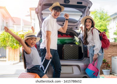 Asian Family Going To Holiday On Summer Vacation Before Start From Home. Car Travel Concept.