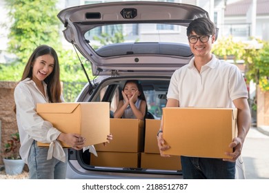 Asian Family Move To New House By A Car, Family Move Furniture To New Home By Pack In A Paper Box