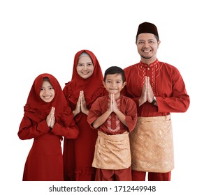 Asian Family Muslim With Two Children Isolated Over White Background