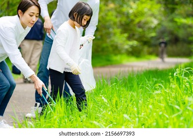 Asian Family Picking Up Trash In The Forest. Litter Cleanup Activities. Environment Protection. Recycling.