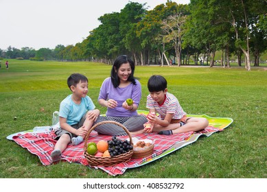 Asian Family Picnic Happy Mother Son Boy Grass Park Fruit Apple Vacation Kid 