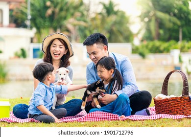 An Asian family plays with a Shiba Inu dog. Happy family with pet dog at picnic in a sunny day. - Powered by Shutterstock