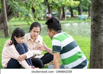 Asian Family Problem,parents Talking Sharing Thoughts Support Her Care,loving Mother,father Speak Have Comforting Crying Sad Daughter,consoling Hugging To Child Girl,understanding,consultation Concept