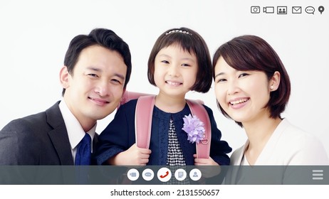 Asian Family Talking With A Video Calling. Screen Interface Of A Video Chat.