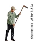 Asian farmer holding hoe isolated on white background with clipping path                