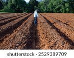 Asian farmer is using hoe to plough tilled soil ready for planting in the countryside during summer for potato plantation and agriculture concept