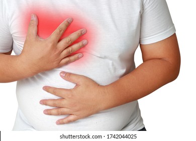 Asian fat man has chest pain, he has a chance of lung disease, heart disease, diabetes and the risk of death. Health care concept, treatment. clipping path. isolated