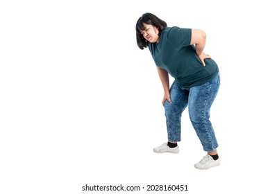 Asian Fat Woman With Knee And Waist Pain, Due To Being Overweight, On White Isolated Background, To Obese Woman And Health Care Concept.