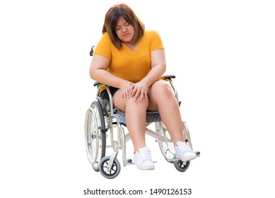 Asian Fat Woman Are Patients Sitting On A Wheelchair She Have A Knee Pain Due To Excessive Weight And Many Complications From Cholesterol, On White Isolated Backgrond To Health Care Concept.