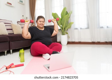 Asian Fat Woman Workout At Home With Using Laptop Computer Learning Virtual Internet Online, Sport Exercising Weight Loss And Recreation Idea Concept.