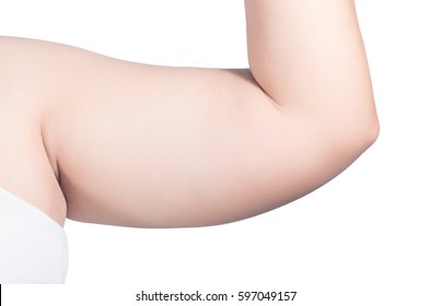 asian fat women has overweight. she shows excess fat of the arms. isolated on white background. she wants lose weight. concept of surgery and subcutaneous fat breakdown.