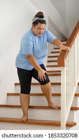 Asian Fat Women Knee Ache. Overweight Woman Touches Her Knee With Pain And Suffers From Chronic Knee Pain From Over Weight And Hard Work. Concept Pain From Weight.