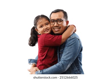 Asian father and daughter hugging looking at the camera. Isolated on white background - Powered by Shutterstock