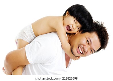 Asian Father Piggyback His Son