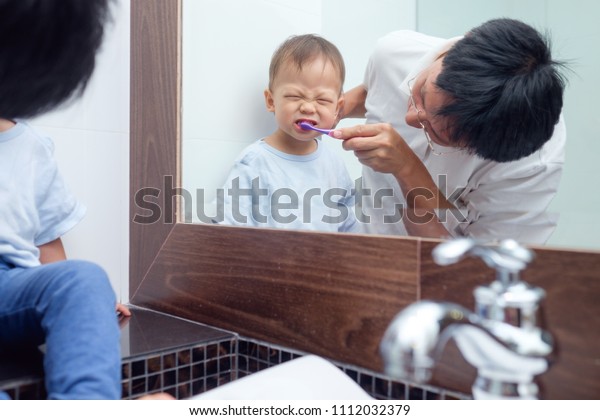 Asian Father Teaching Kid Teeth Brushing Stock Photo Edit Now