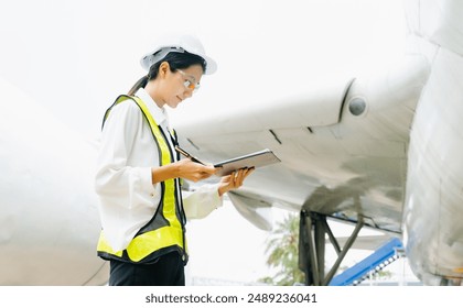 Asian Female aviation engineer in safety gear inspecting an airplane engine, embodying professionalism and industry standards. - Powered by Shutterstock