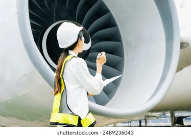 Asian Female aviation engineer in safety gear inspecting an airplane engine, embodying professionalism and industry standards. - Powered by Shutterstock