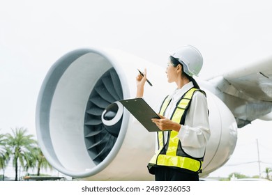 Asian Female aviation engineer in safety gear inspecting an airplane engine, embodying professionalism and industry standards. - Powered by Shutterstock