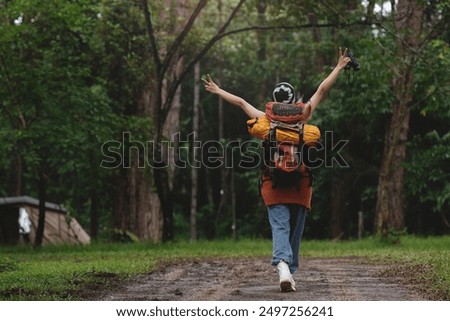 Similar – Image, Stock Photo Backpacker walks through the colourful autumn forest in the Hoge Kempen National Park in eastern Belgium. Wilderness in Flanders in November