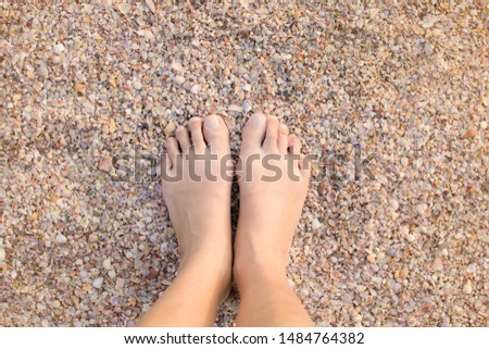 Asian female barefoot stand on the beach sand with sea shells, beach of Krabi, Thailand