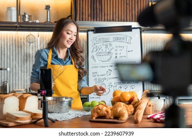 Asian Female Chef Talks about Ingredients, Teaches to bake bread. Online Video Class, Streaming Service of e-Learning Video Course.  bread Recipe Preparation record live online social media in studio - Powered by Shutterstock