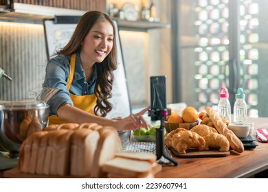 Asian Female Chef Talks about Ingredients, Teaches to bake bread. Online Video Class, Streaming Service of e-Learning Video Course.  bread Recipe Preparation record live online social media in studio - Powered by Shutterstock