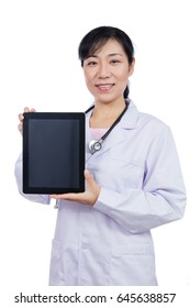 Asian Female Doctor Holding A Tablet In Isolated White Background