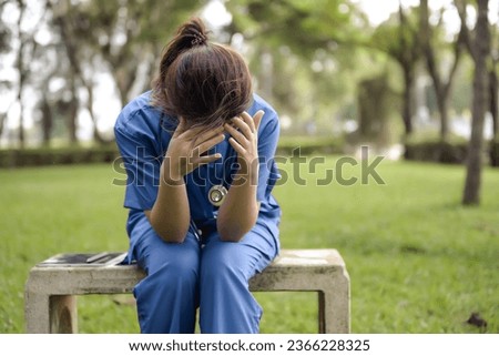 Similar – Image, Stock Photo Frustration in garden office | man sits at table in front of laptop and holds hands in front of face