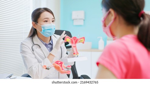 asian female doctor wear white coat and face mask explaining uterus model to woman in hospital
