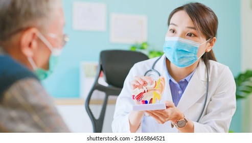 Asian Female Doctor Wearing Face Mask Is Showing Ear Canal Model And Explaining To Elder Senior Man Patient In Hospital