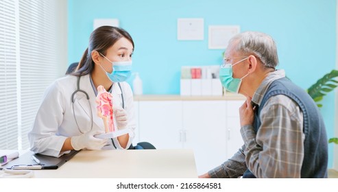 Asian Female Doctor Wearing Face Mask Is Showing ENT Model And Explaining To Elder Senior Man Patient In Hospital