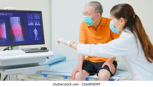 Asian Female Doctor Wearing Face Mask Is Showing X Ray Of Knee Joint On Computer Screen And Explaining To Elder Senior Man Patient In Hospital 