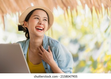 Asian Female Freelance Digital Nomad Millennial Gen Y  Lifestyle Relax Casual Working With Laptop Outdoor At Balcony Near The Beach,asian Female Working Anywhere New Lifestyle Working While Travel