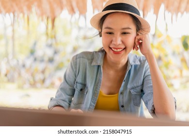 Asian Female Freelance Digital Nomad Millennial Gen Y  Lifestyle Relax Casual Working With Laptop Outdoor At Balcony Near The Beach,asian Female Working Anywhere New Lifestyle Working While Travel