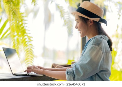 Asian Female Freelance Digital Nomad Millennial Gen Y Lifestyle Relax Casual Working With Laptop Outdoor At Balcony Near The Beach,asian Female Working Anywhere New Lifestyle Working While Travel