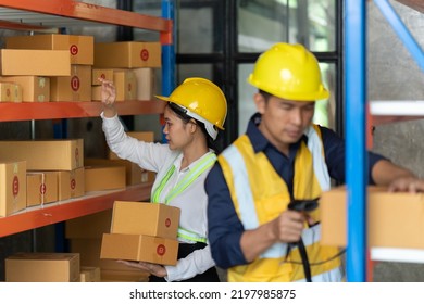 Asian Female And Male Warehouse Worker Working At The Storehouse. Logistics , Supply Chain And Warehouse Business Concept.