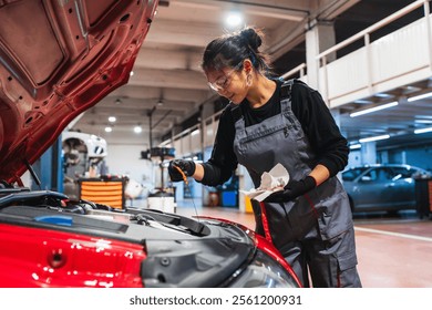 Asian female mechanic checking engine oil level of a red car, holding dipstick and rag, working in auto repair shop - Powered by Shutterstock